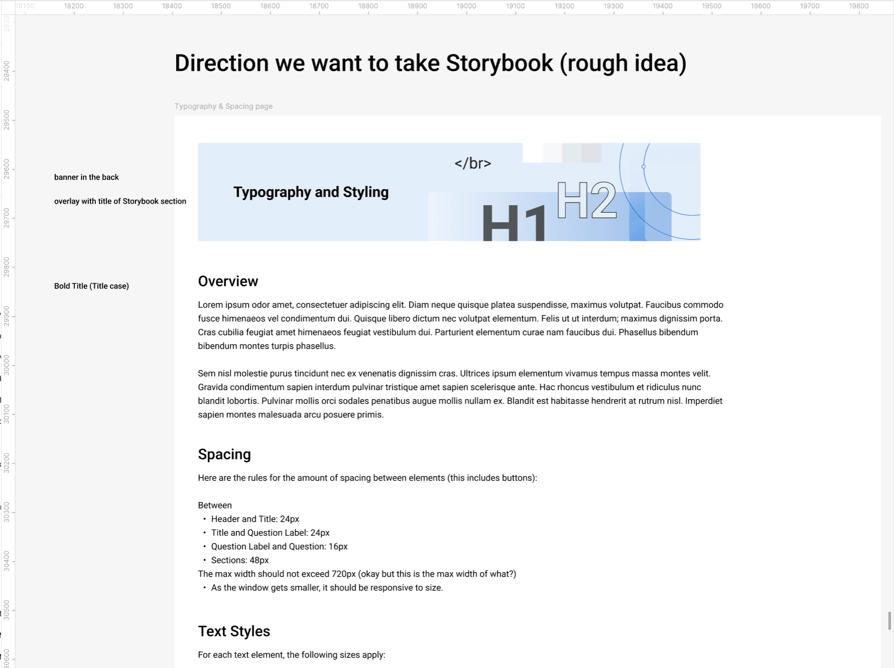 Working document titled 'Direction we want to take Storybook (rough idea)' showing a typography page mockup with margin annotations.