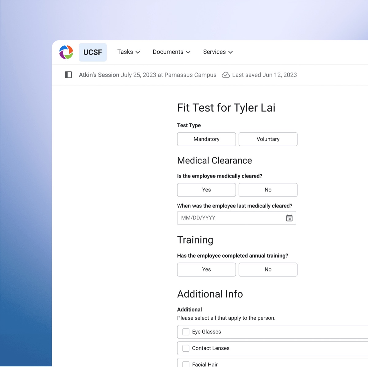 The digitized respirator fit test form in the RSS platform.