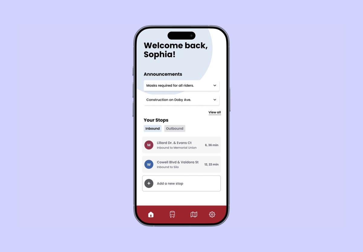 Unitrans mobile app redesign — home screen with stops and announcements on a phone.