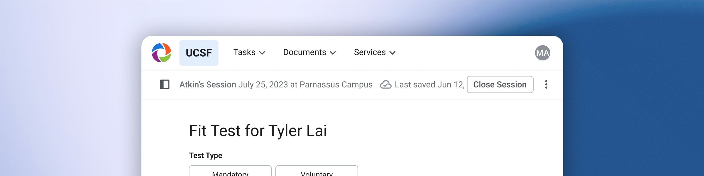 The RSS platform showing a UCSF fit test form — Atkin's Session at Parnassus Campus, Fit Test for Tyler Lai, with test type and medical clearance fields.