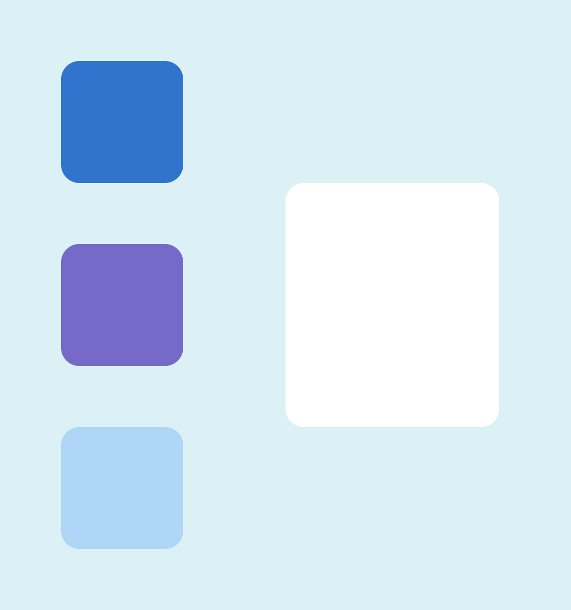 Abstract illustration: three stacked rounded shapes beside a white card, representing appointments and reminders queued outside the paper process.