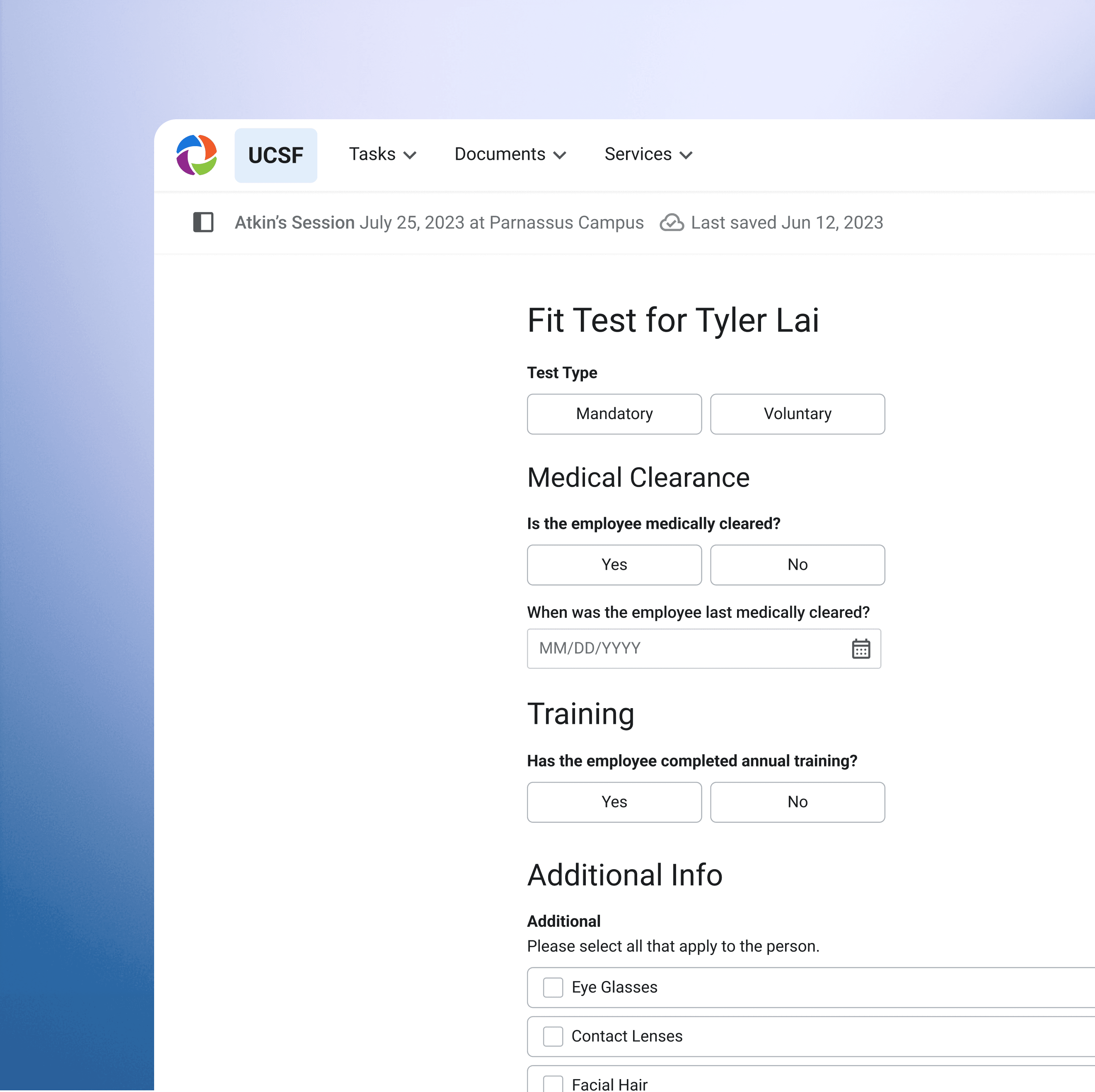 The digitized fit test form in the RSS platform: test type, medical clearance, training verification, and additional info like eye glasses and facial hair.