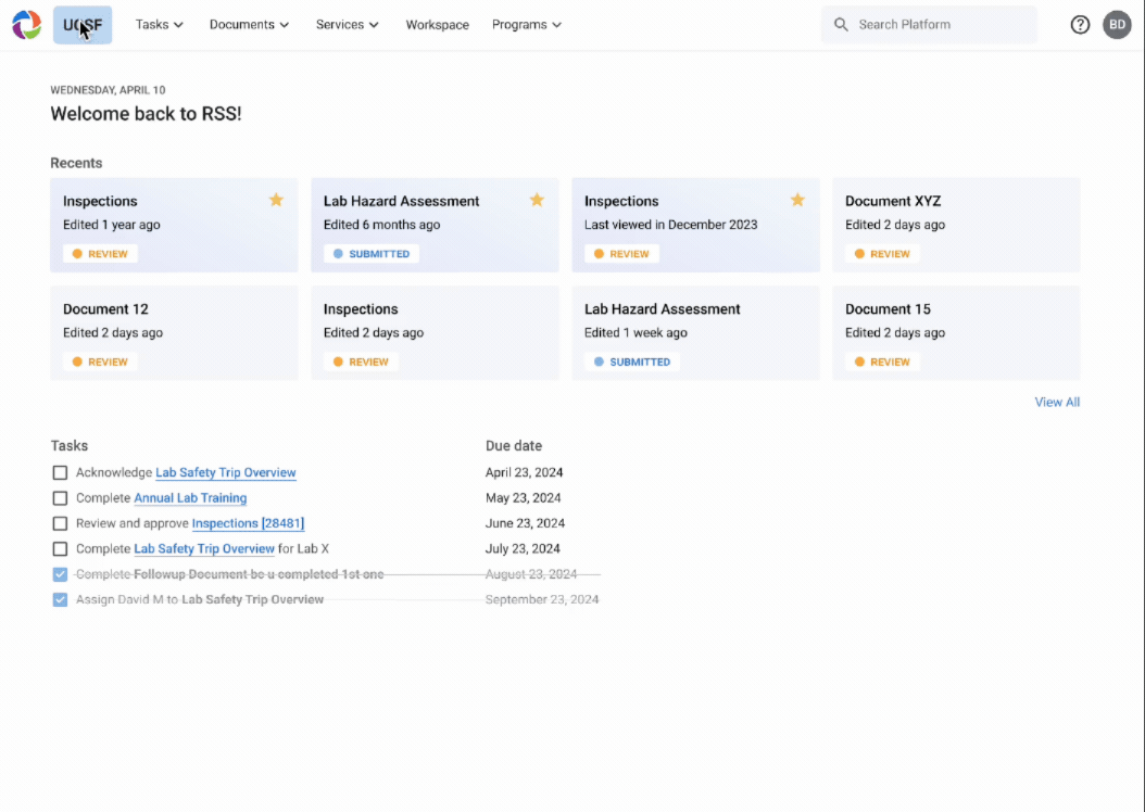 The RSS platform workspace: recent documents, inspections, and tasks with due dates.