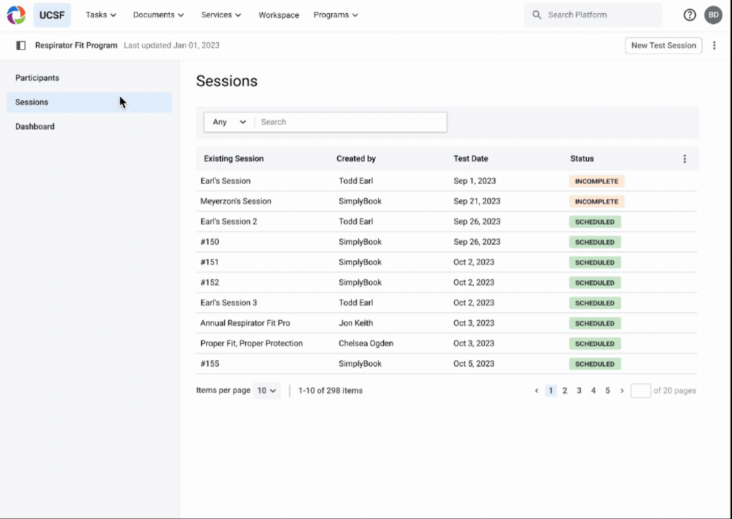 The Respirator Fit Program sessions view: a searchable list of test sessions with dates, creators, and scheduled/incomplete statuses.